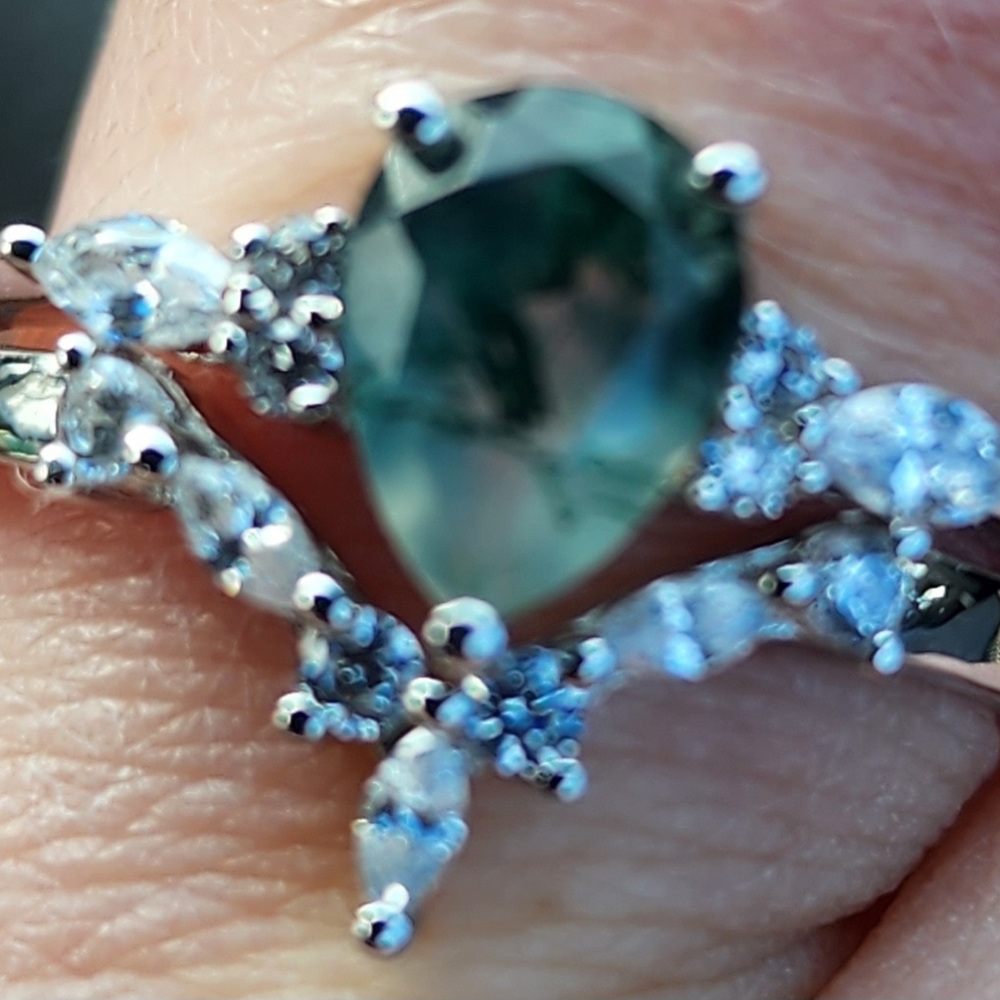 Moss agate, diampnd and stirling silver wedding set